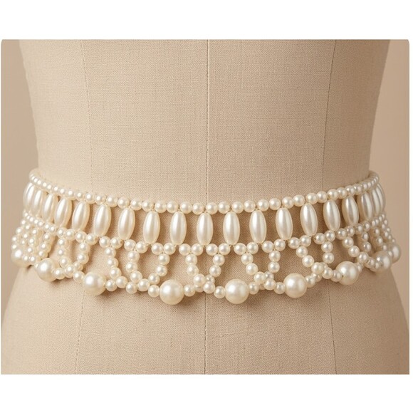 Vintage Y2K Faux Pearl Beaded Belt Gold Chain  Pearl Drop Charm fits small med